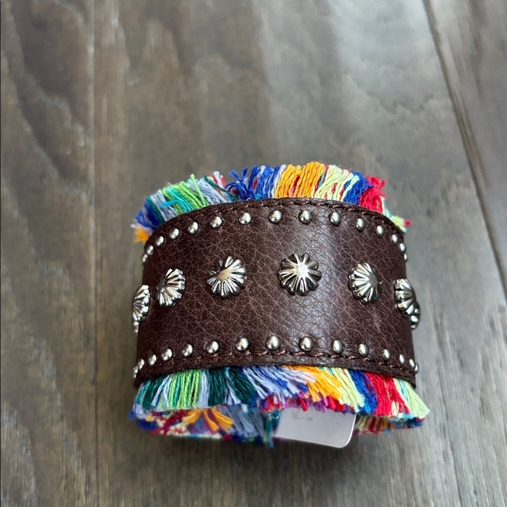 M&F Western Product Leather Cuff Bracelet,w/textile colorful fringe,studs,snap